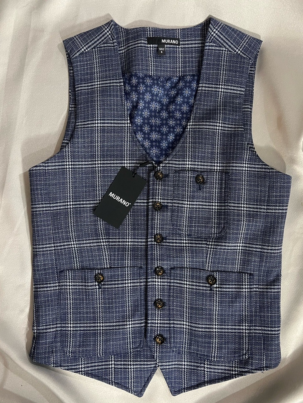 Murano NWT Shawl Plaid Suit Separates Vest Blue Windowpane Men’s Small $79.50